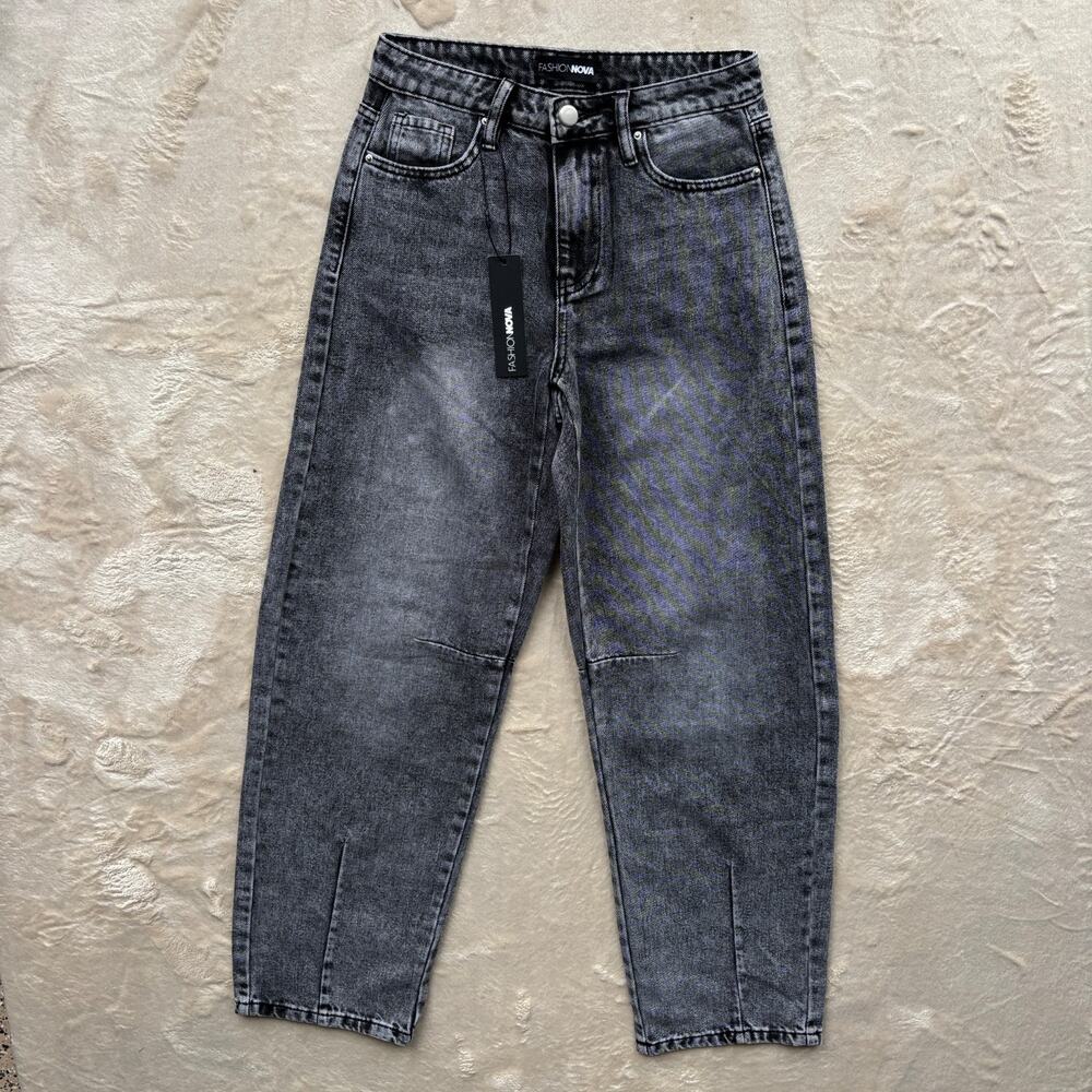 Fashion Nova Babette Baggy Barrel Leg Jeans Women's 1 Gray Dark Wash Denim Pants